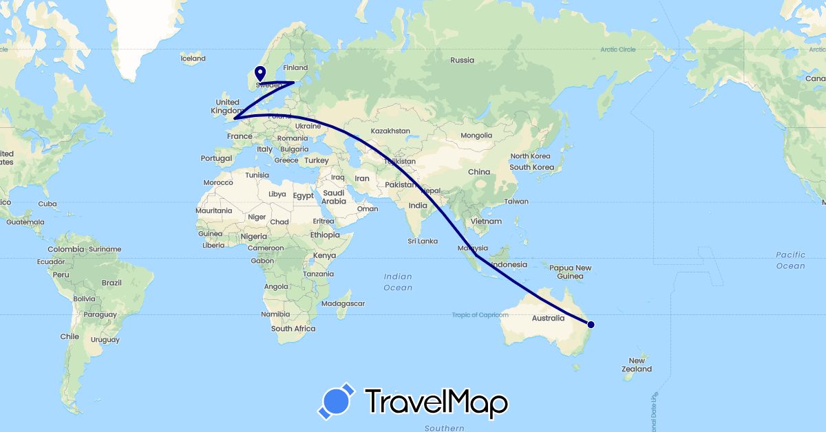 TravelMap itinerary: driving in Australia, Finland, United Kingdom, Norway, Singapore (Asia, Europe, Oceania)
